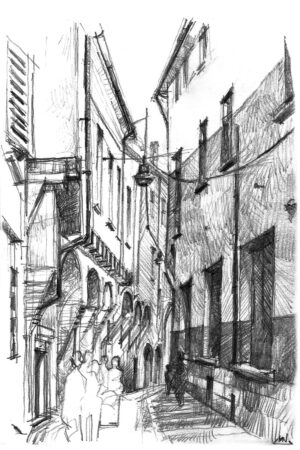Rue de Bologne, dessin au crayon, ombre et lumière sur les vieilles façades