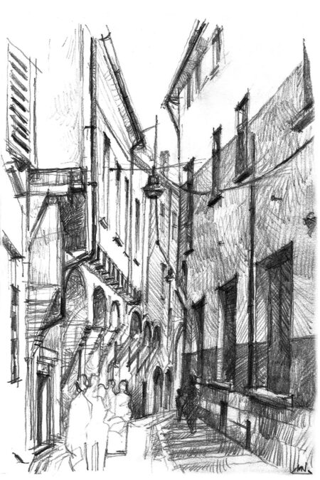 bologne, une rue du centre historique Rue de Bologne, dessin au crayon, ombre et lumière sur les vieilles façades