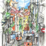 Lisbonne Rue de Lisbonne avec deux tramways jaunes, mer au fond, dessin au crayon