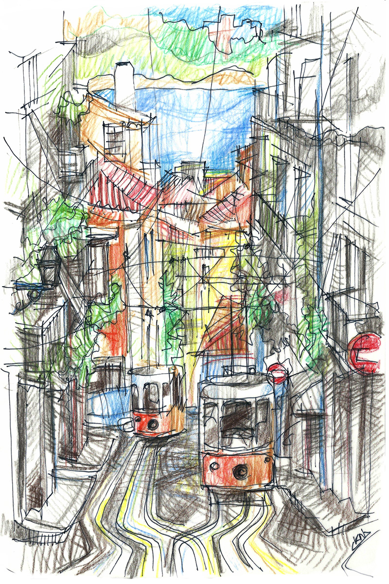 Rue de Lisbonne avec deux tramways jaunes, mer au fond, dessin au crayon