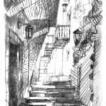 Rue en escalier à Naxos, dessin au crayon, ombre et lumière grecques