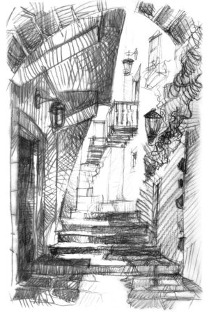 Rue en escalier à Naxos, dessin au crayon, ombre et lumière grecques