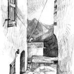 Sérifos, Grèce Entre deux maisons blanches, vue sur la montagne, Serifos Grèce, dessin au crayon