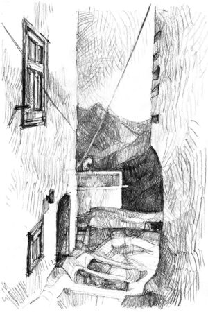 Entre deux maisons blanches, vue sur la montagne, Serifos Grèce, dessin au crayon