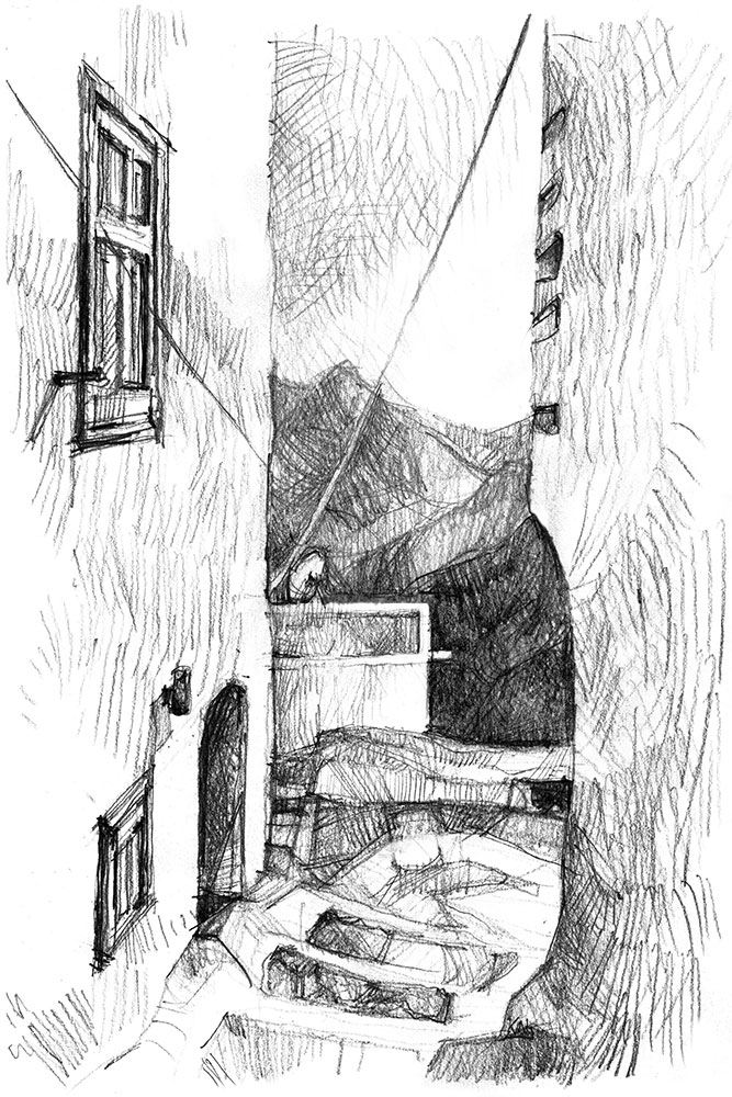 Entre deux maisons blanches, vue sur la montagne, Serifos Grèce, dessin au crayon