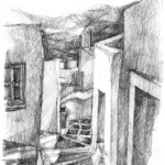 Labyrinthe de ruelles blanches à Chora, Serifos, dessin au crayon