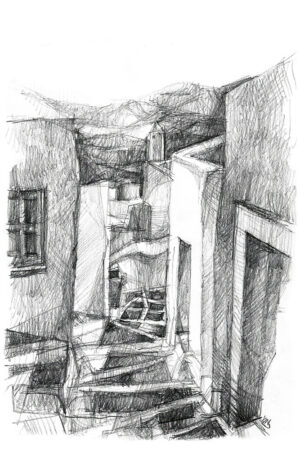 Labyrinthe de ruelles blanches à Chora, Serifos, dessin au crayon