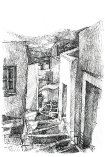 Serifos, Grecia – labirinto di vicoli a Chora Labirinto di vicoli bianchi a Chora, Serifos, disegno a matita