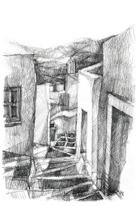 Labyrinthe de ruelles blanches à Chora, Serifos, dessin au crayon