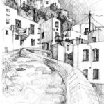 Chemin de pierre avec vue sur Castro et Chora, Serifos, dessin au crayon