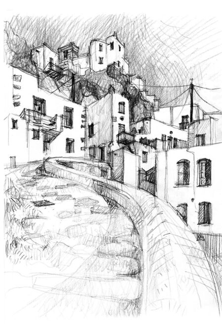 Chemin de pierre avec vue sur Castro et Chora, Serifos, dessin au crayon