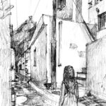 Petite fille dans une ruelle avec Castro au loin, Serifos, dessin au crayon