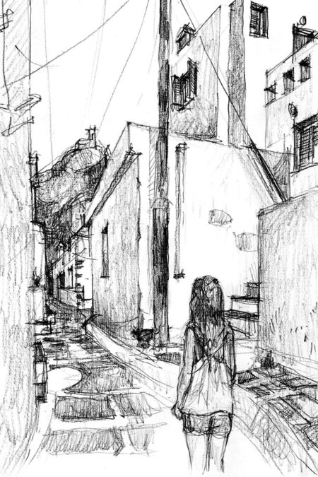 Petite fille dans une ruelle avec Castro au loin, Serifos, dessin au crayon