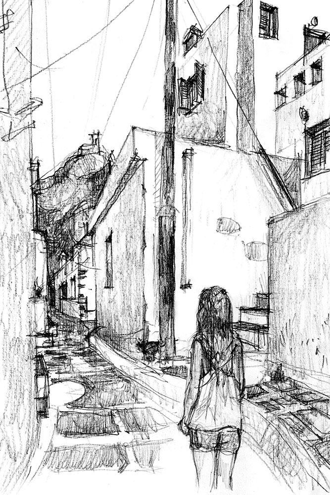 serifos-grece-petite-fille-ruelle-castro-loin