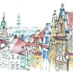 Malá Strana à Prague, dessin au crayon, façades colorées et panorama de vieille ville