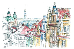 Malá Strana à Prague, dessin au crayon, façades colorées et panorama de vieille ville