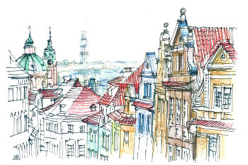 Malá Strana in Prague, pencil drawing, colourful facades and old town panorama