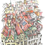 Toits de la vieille ville de Prague, dessin au crayon, vue aérienne