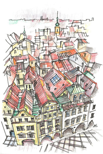 Praga, tetti della città vecchia Tetti della città vecchia di Praga, disegno a matita, vista aerea