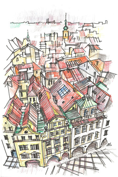 Toits de la vieille ville de Prague, dessin au crayon, vue aérienne