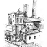 Toits de Bologne, dessin au crayon, vue plongeante centre historique