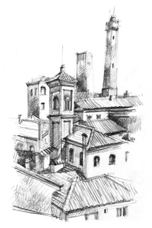Toits de Bologne, dessin au crayon, vue plongeante centre historique