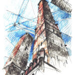 Tours penchées de Bologne vues d'en bas, dessin au crayon, perspective dynamique